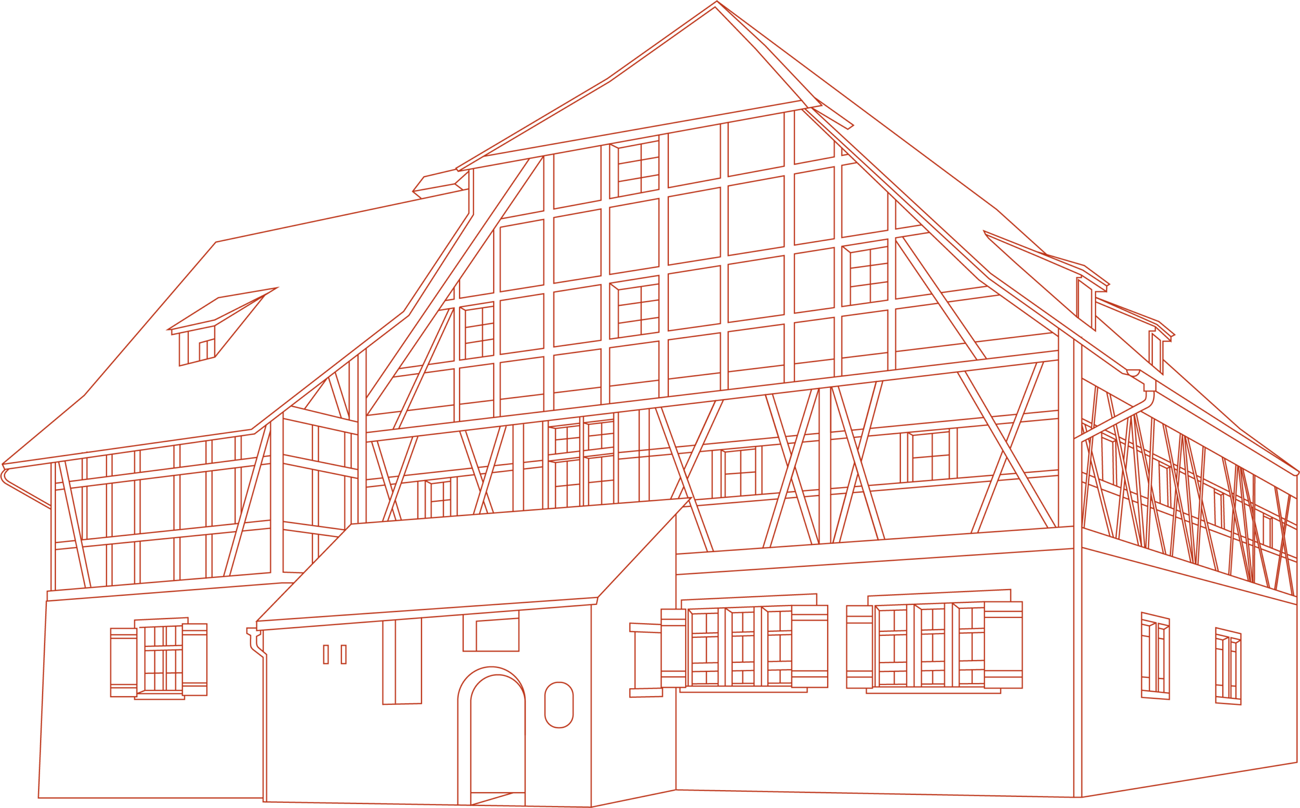 Linienillustration des historischen Gebäudes vom Hostel Feldkirch mit markanter Fachwerkarchitektur in Vorarlberg
