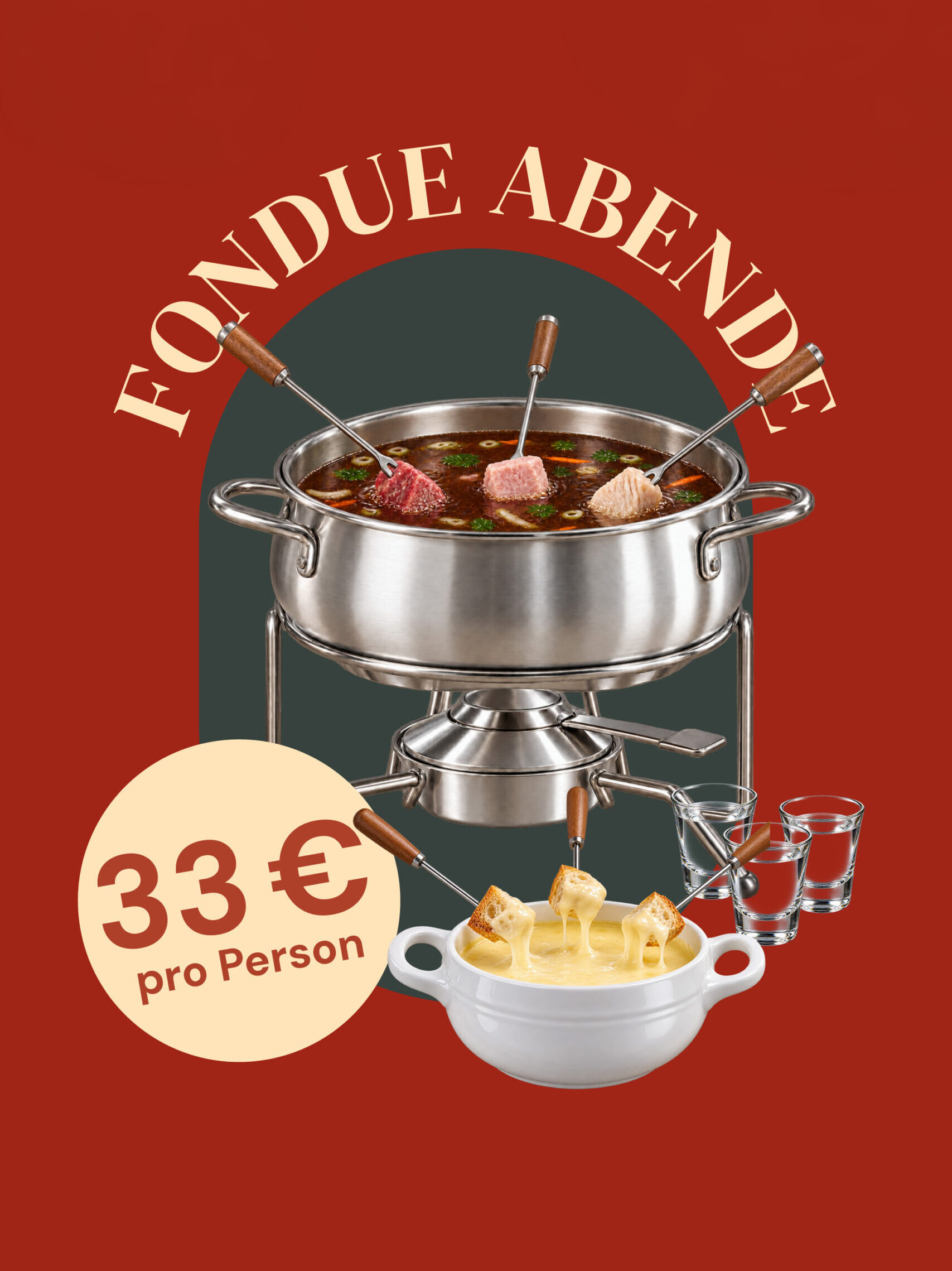 Plakat für die Fondueabende im Hostel Feldkirch mit Fleisch- und Käsefondue. Preis: 33 € pro Person.